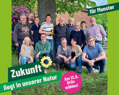 Die 14 Kandidierenden. Text: Für Munster. Zukunft liegt in unserer Natur. Am 13.9. Grün wählen.