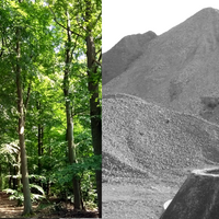 Vorher-/Nachher-Bild, links Buchen-/Eichenwald, rechts Asphalt und Schuttberg