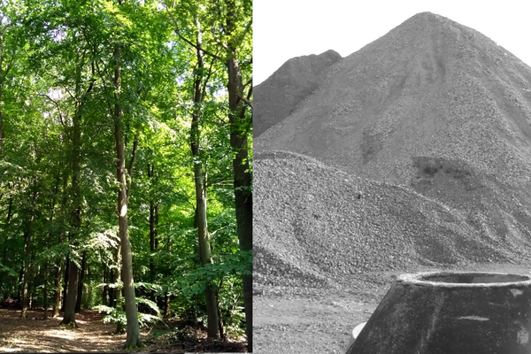 Vorher-/Nachher-Bild, links Buchen-/Eichenwald, rechts Asphalt und Schuttberg