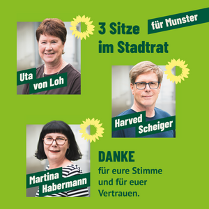 Die 3 gewählten Kandidierenden Uta von Loh, Martina Habermann und Harved Scheiger bedanken sich für 3 Site im Stadtrat Munster.